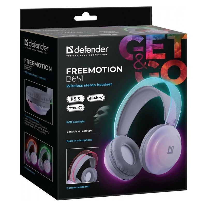 Juhtmevabad peakomplekti kõrvaklapid DEFENDER Freemotion B651 — binauraalsed, suletud akustika, 20–20000 Hz, 105 dB, USB-C, AUX