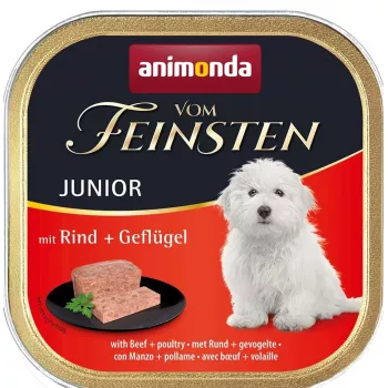 Märg koeratoit animonda Vom Feinsten Junior veise- ja linnulihaga kandik 150 g — kasvamiseks, valku 11%, rasva 7%