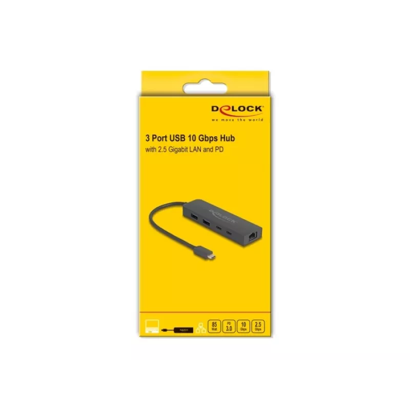 USB-jaotur DeLOCK 10 Gbps 2,5 Gigabit LAN ja PD 85 W