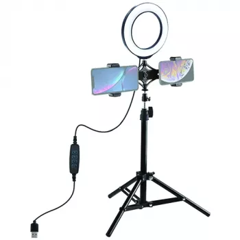 LED-rõngasvalgus 16 cm statiiviga kuni 70 cm ja kahe telefonihoidikuga, USB