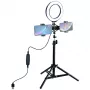 LED-rõngasvalgus 16 cm statiiviga kuni 70 cm ja kahe telefonihoidikuga, USB
