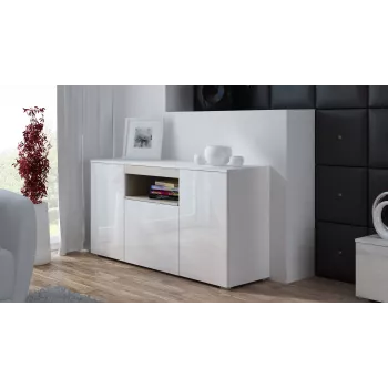 Külgpuhvet Cama Meble VIVA 150 — valge/valge läikiv ja sonoma tamm, 3 ust, 5 riiulit, 1500×450×800 mm