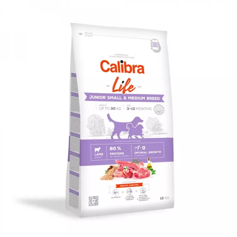 Kuiv koeratoit Calibra Life Junior Small & Medium breed Lamb 12 kg — täisväärtuslik kuivsööt kasvavatele koertele, 28% valku, 18% rasva, 10–15,9 kg kutsikatele