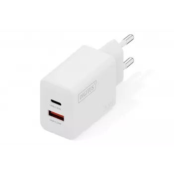 AC Indoor USB GaN Charger DIGITUS DA-10301 — 30W, 1× USB-C, 1× USB-A, 100–240V, valge