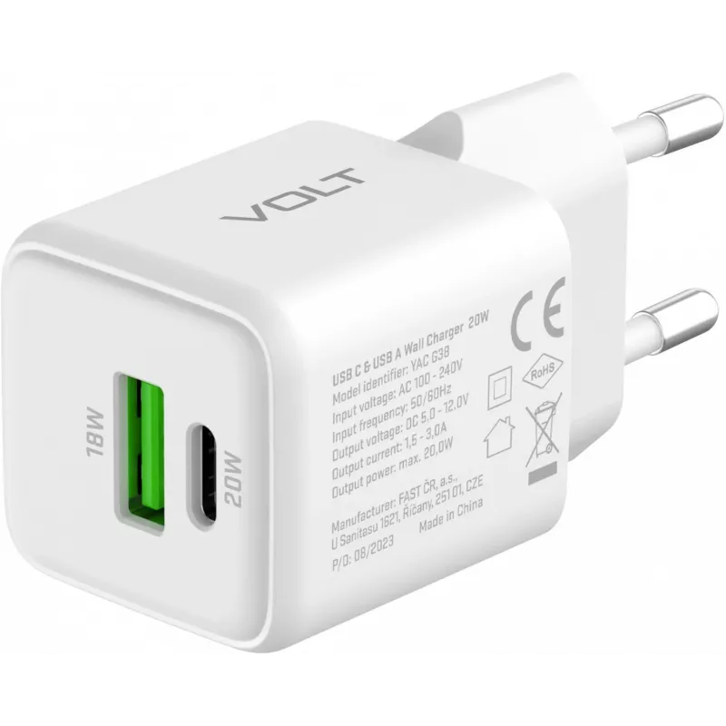 USB C/A võrgulaadur YENKEE YAC G38 20W 3A Power Delivery (USB‑C ja USB‑A)