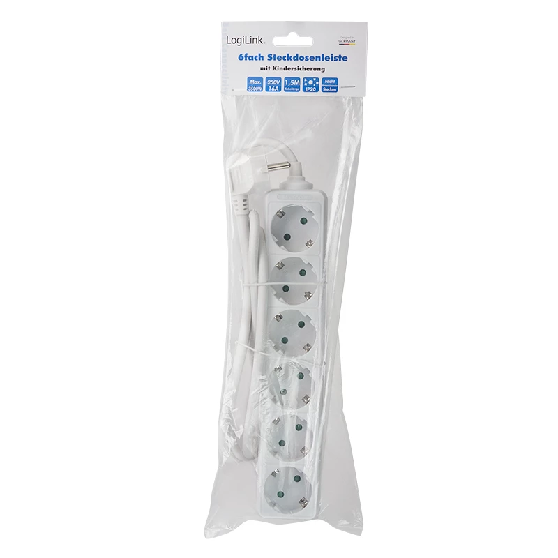 Pikendusjuhe LogiLink LPS238 1,5 m 6 vahelduvvoolupistikupesa siseruumidesse valge