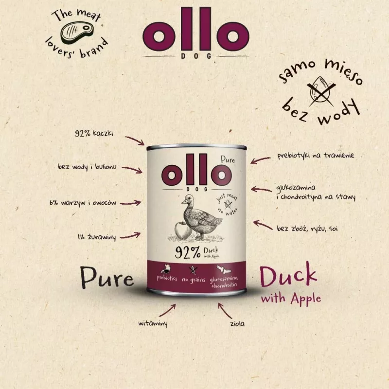 OLLO Pure Duck õunaga - märg koeratoit - 400g