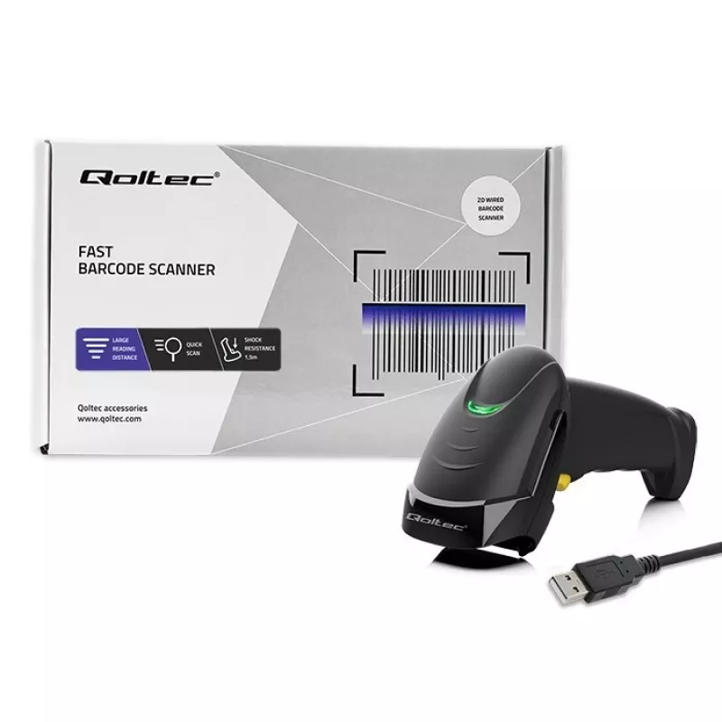 Käeshoitav juhtmega 1D/2D vöötkoodiskanner QOLTEC 50853 — USB, ABS-korpus, 1,65 m kaabel, 97×65×167 mm, 105 g