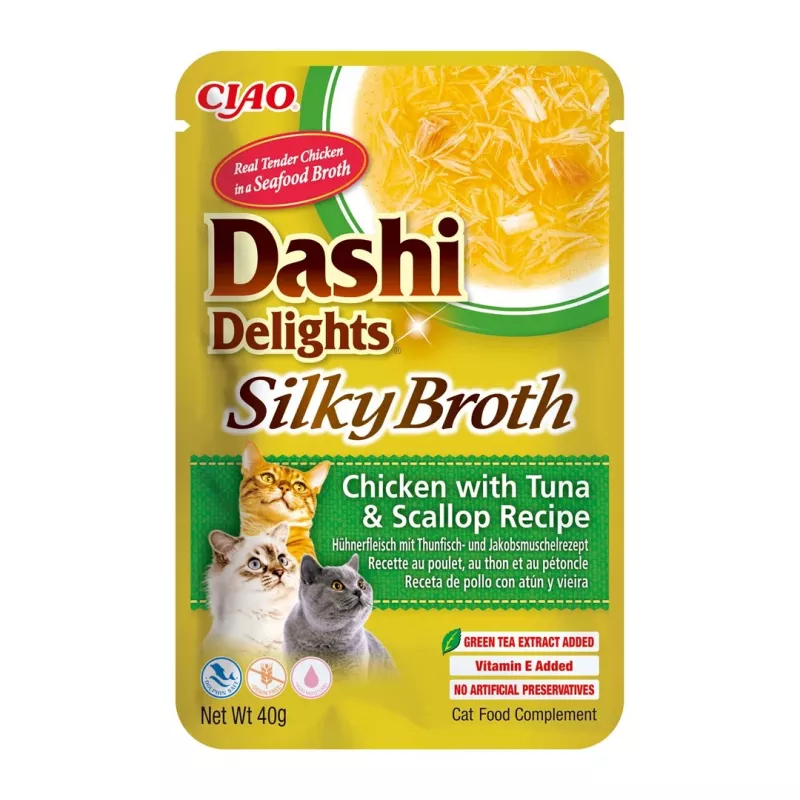 Märg kassimaius INABA Dashi Delights — kana tuunikala ja kammkarbiga, 40 g kotike, 93% niiskust, 5,5% valku