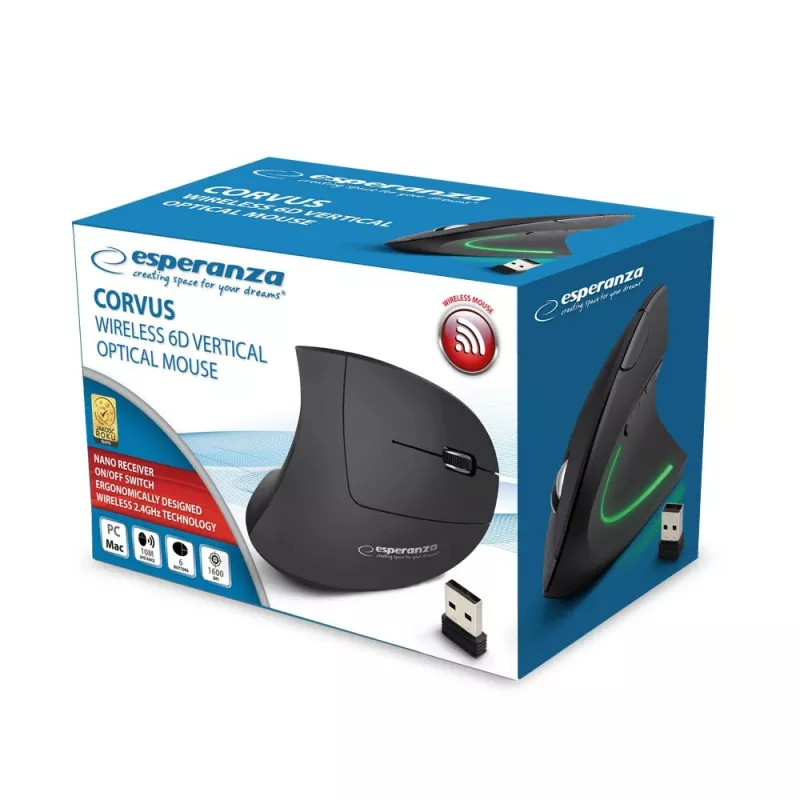 Juhtmevaba hiir ESPERANZA EM133 — ergonoomiline paremakäeline, 1600 DPI, 6 nuppu, 2,4 GHz USB-nanovastuvõtja, 10 m ulatus, must