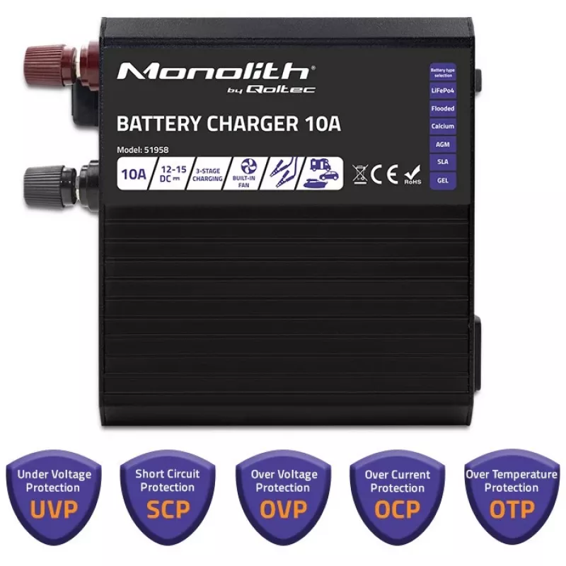 Qoltec Smart Monolith akulaadija LiFePO4 AGM GEL SLA akudele | 10A | 12V