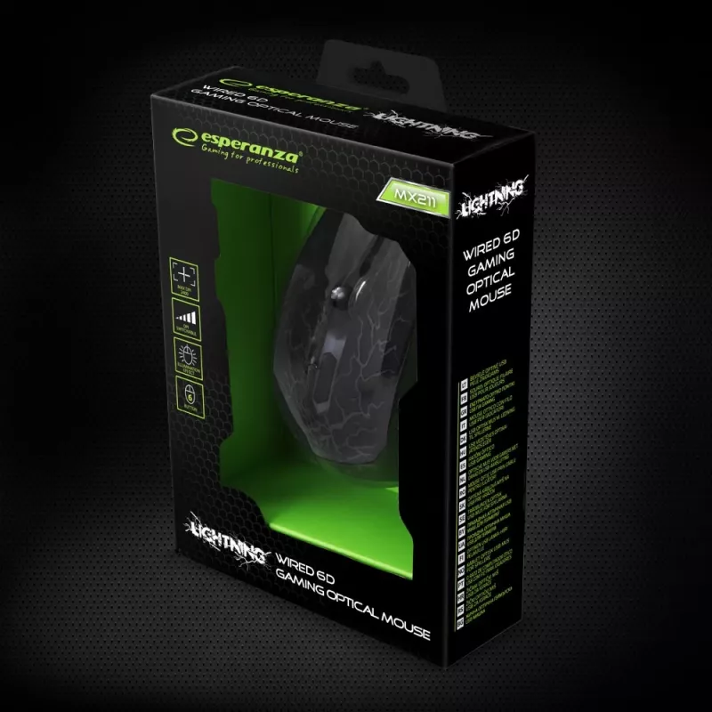 Esperanza MX211 LIGHTNING - Hiir - USB - Hiiri - Optiline - 6 nuppu - Must
