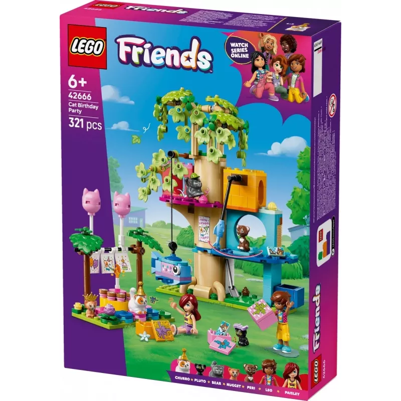 Ehitusmänguasi LEGO Friends 42666 Kassi sünnipäevapidu puumaja mängukomplekt, 321 tk, 6+ a, 180×160×100 mm