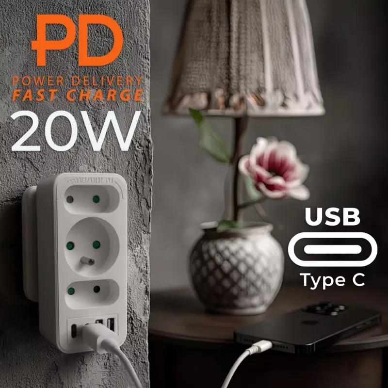 Toitepistikupesade jagaja MACLEAN MCE248 F/W — 3 vahelduvvoolu pistikupesa (1×16A, 2×6A) + 4×USB (2×A, 2×C PD 20W), EL-pistik, valge