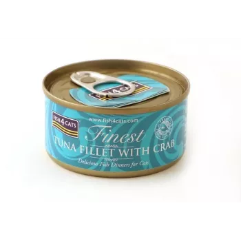 Märg kassitoit FISH4DOGS Tuunifilee krabiga 70 g — purk, 70 g, 85% niiskust, 12% valku