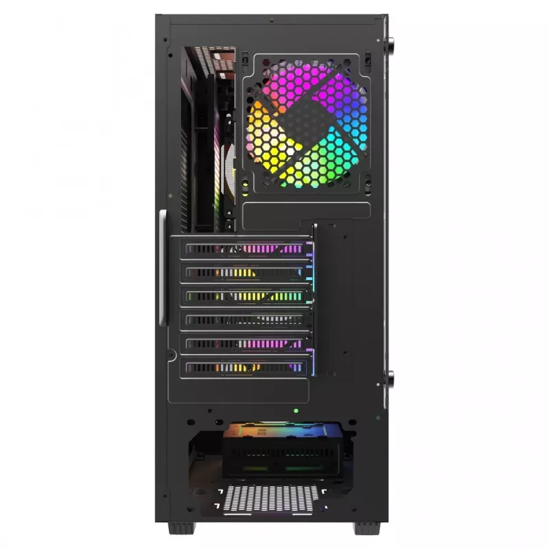 Arvutikorpus SAVIO Noctis Flow RGB — Kuubik, ATX/Mini-ITX, 3x 120 mm esiventilaatorit, karastatud klaasist külg, max GPU 35 cm