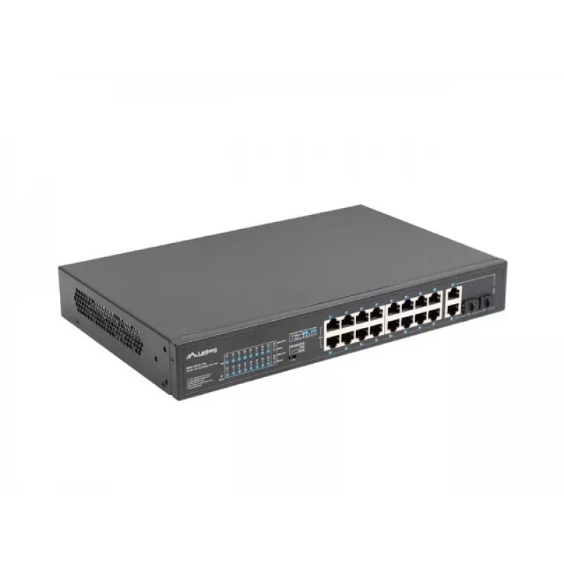 Haldamatu lüliti LANBERG RSFE-16P-2C-150 — 18 pordiga Gigabit, 16 PoE+/2 SFP, 150 W koguvõimsus, 1U riiul, metall, must