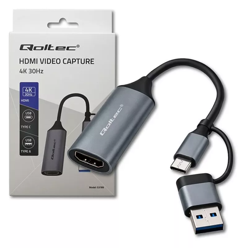 USB-C USB-A ja HDMI 4K 30Hz adapter QOLTEC alumiiniumkorpuses