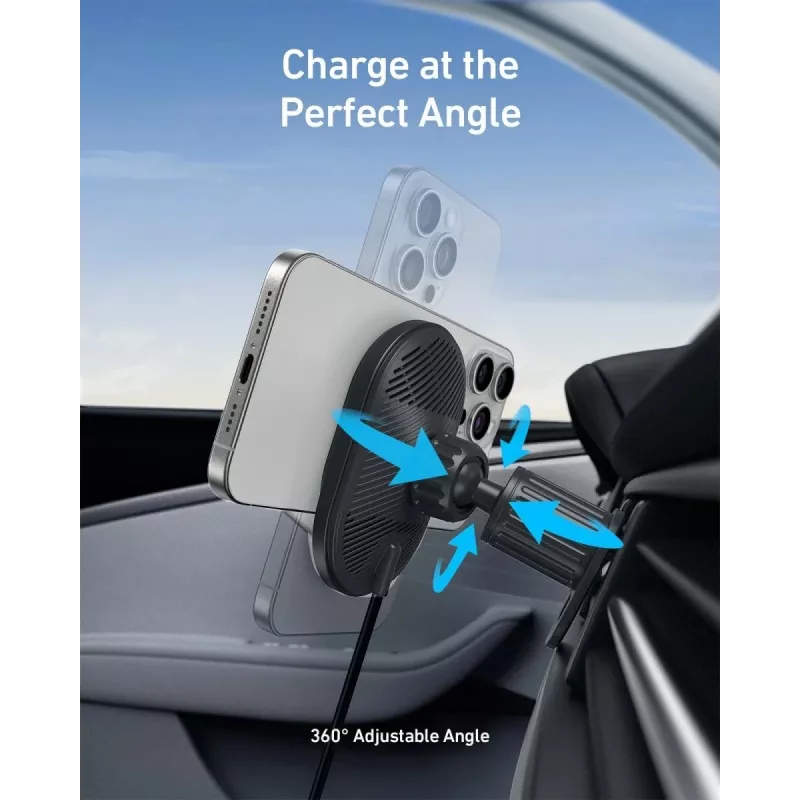 Juhtmeta magnetiline auto laadija Anker MagGo 15W — Magnetiline 15W Qi kiirlaadimine nutitelefonidele, must