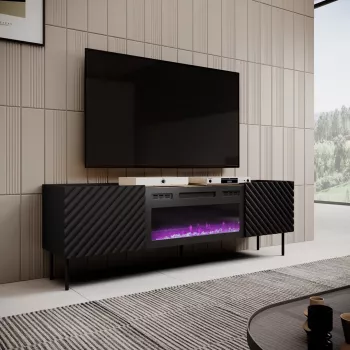 TV-kapp Cama Meble ONDA elektrilise kaminaga 1805×400×580 mm, must, puitlaastplaadist pealispind (põrandal seisev või seinale kinnitatav)