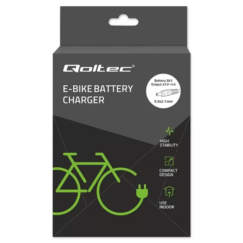 Laadija QOLTEC 36V–42V 4A e-jalgrattale, alalisvoolupistik 5,5×2,1 mm
