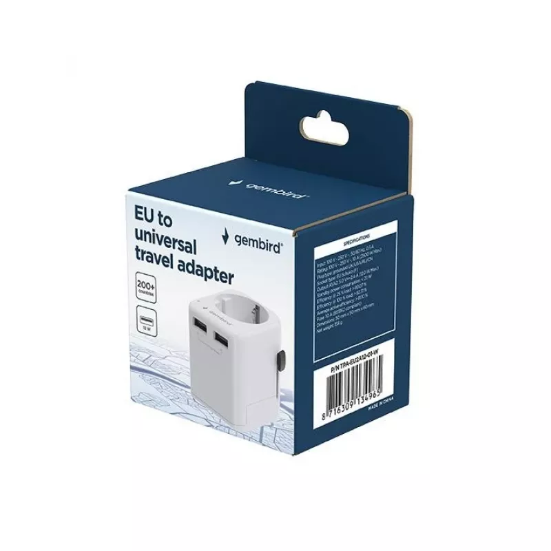Universaalne reisiadapter GEMBIRD TPA-EU2A12-01-W 12W USB toiteadapter rahvusvahelistele pistikupesadele