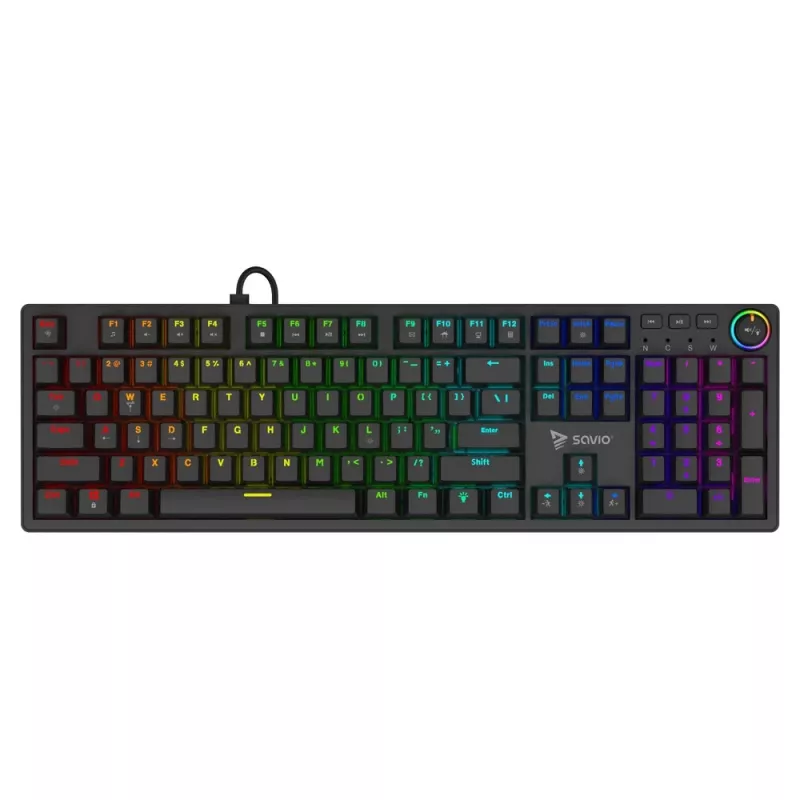 Mehaaniline mänguklaviatuur SAVIO STYX Outemu Red — täissuuruses 104-klahviga USB-juhtmega, RGB, ANSI US International, 1,5 m, must