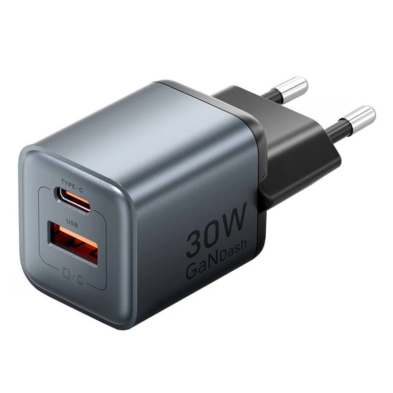 Vention FEWH0-EU 30W GaN laadija — 1× USB-C, 1× USB-A, 30 W, must