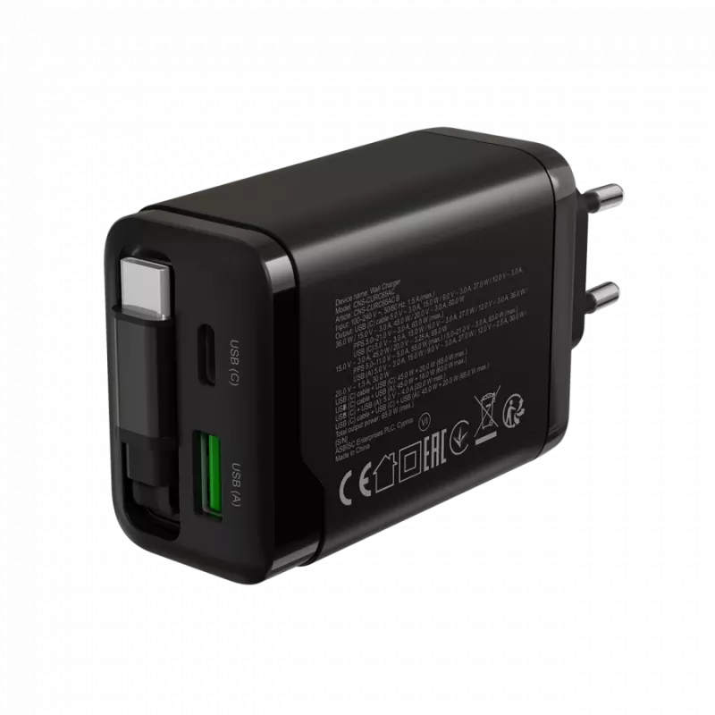 Laadija CANYON OnCharge 65RC sisseehitatud USB-C kaabliga, 65 W, 1x PD, 1x QC, EL-pistik, must