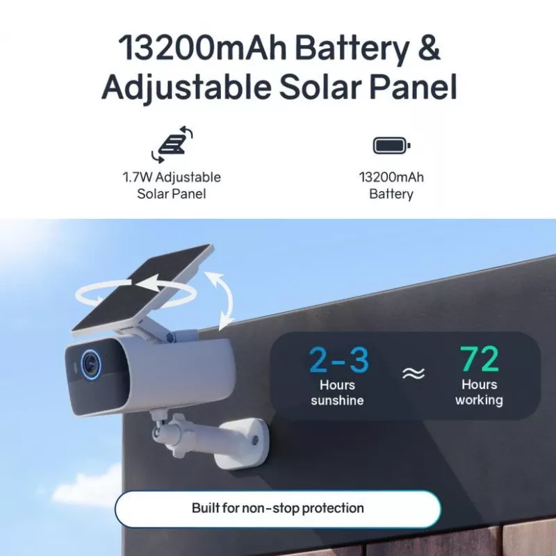 Safemo SC1 SolarCam, 4K UHD video, 8× suum, 132° vaateväli, öövaatlus, Wi-Fi 2,4 GHz, 1,5 W päikesepaneel, valge