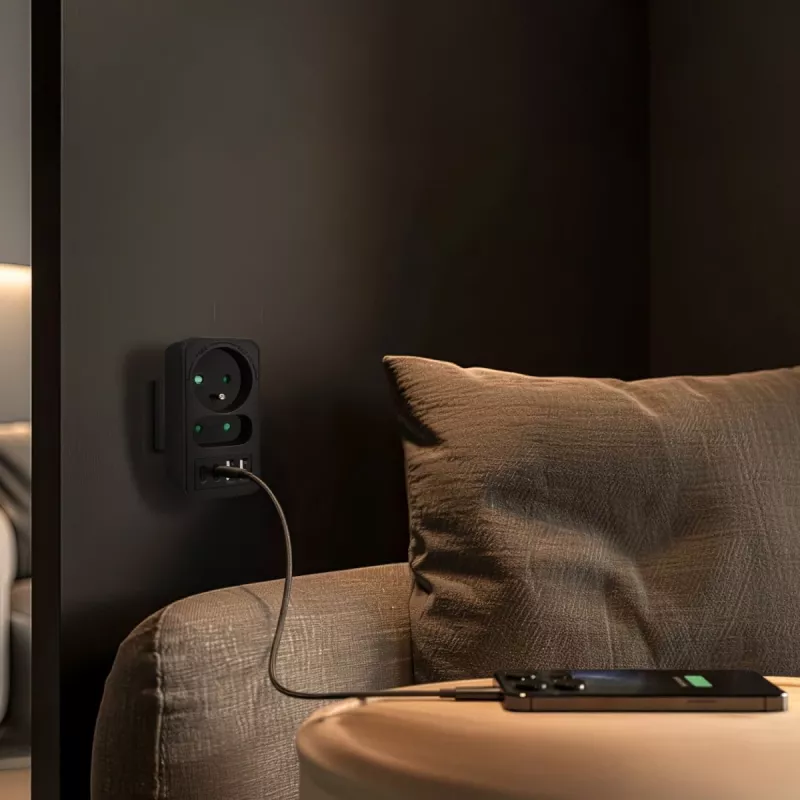 Toitejaotur MACLEAN MCE249 F/B — 2 vahelduvvoolupesa (16A + 6A) koos 2×USB-A ja 2×USB-C PD 20W, EL-pistik, must
