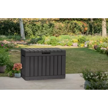 Välistingimustesse sobiv hoiukast Keter Kentwood 190L — 190 liitrit, grafiithall, klappluuk, 823×457×577 mm