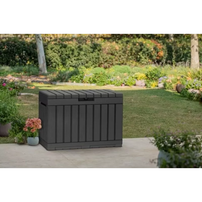Välistingimustesse sobiv hoiukast Keter Kentwood 190L — 190 liitrit, grafiithall, klappluuk, 823×457×577 mm