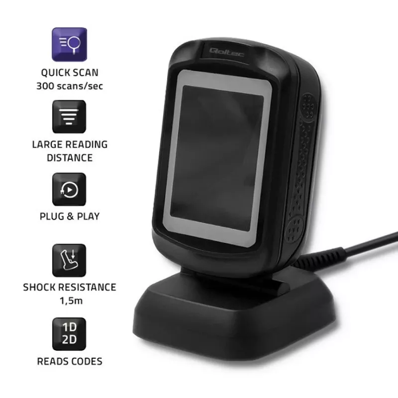 Fikseeritud 1D/2D vöötkoodiluger QOLTEC 50864, LED-andur, USB-juhtmega, must, 145×85×80 mm