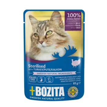 Märg kassitoit BOZITA steriliseeritud tükid tarrendis kalkuniga 85 g, täiskasvanud kassidele, 82% niiskust, 8,5% valku
