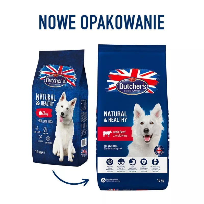 Kuiv koeratoit Butcher's Natural & Healthy Adult Beef 15 kg — 20% valku, 7,5% rasva, 3% kiudaineid