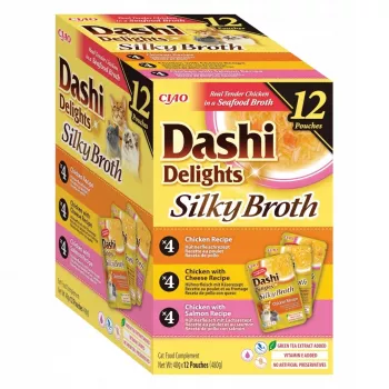 Märg kassitoit INABA Dashi Delights Silky Broth kana ja lõhe segu, 12 x 40 g kotikesed, täisväärtuslik täiskasvanud kassidele