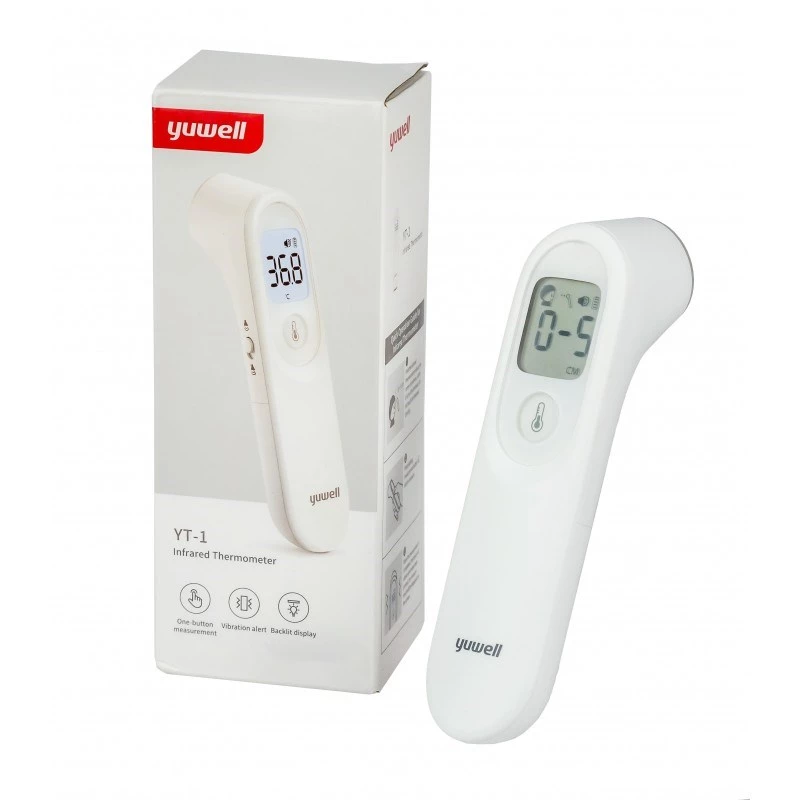 Kontaktivaba infrapuna termomeeter Yuwell YT-1 — otsaesine, 32–43°C vahemik, ±0,3°C täpsus, nupujuhtimine, alarm, AAA patareid