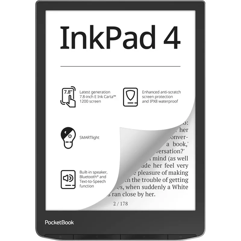 PocketBook InkPad 4 - 19,8 cm (7,8) - E Ink Carta - 1404 x 1872 pikslit - ACSM - AZW - AZW3 - CBR - CBZ - CHM - DOC - DOCX - DjVu - EPUB - EPUB DRM - FB2 - FB2.ZIP - HTM - HTML - MOB