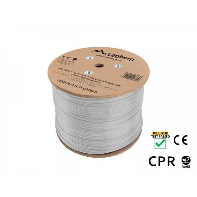 Võrgukaabel LANBERG LCUF6L-11CU-0305-S U/FTP Cat6a rullil, 305 m, 23 AWG, 500 MHz, hall