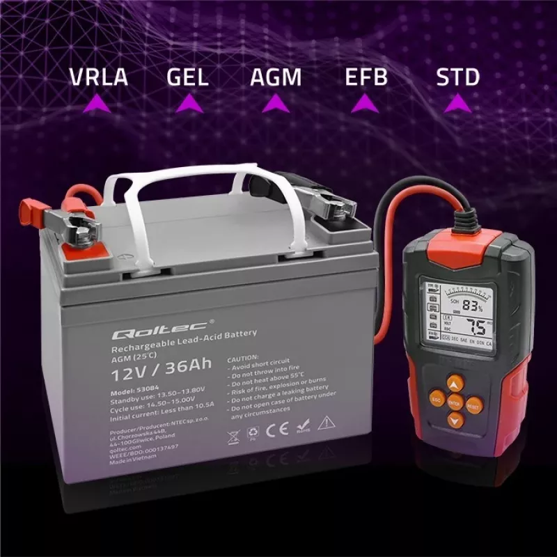 Qoltec 52484 LCD digitaalne akutester | 12V | 24V | 3Ah-200Ah