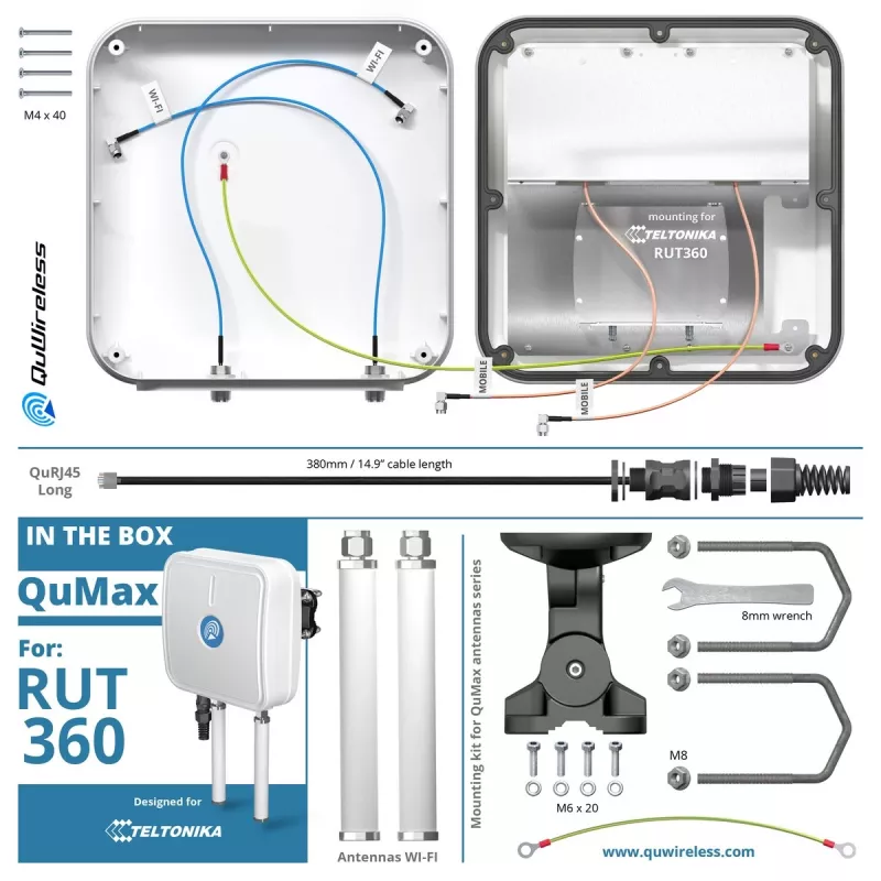 Suundantenn QuWireless QuMax A360M — suunatav PoE/LAN-antenn, 0,694–2,7 GHz sagedusalad, 4–6 dBi võimendus, vertikaalne polarisatsioon
