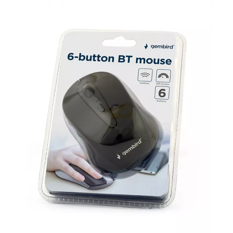 Juhtmevaba Bluetooth optiline hiir GEMBIRD MUSWB2 — paremakäeline, 1600 DPI, 6 nuppu, must/hall, AAA patareid