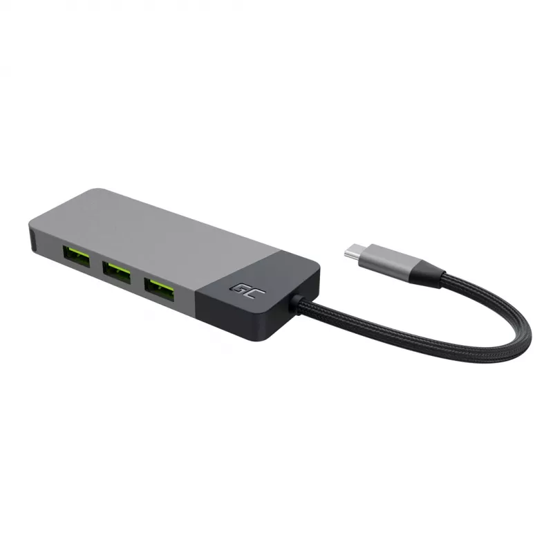 USB Type‑C jaotur roheline Cell HUBGC01 — 7 porti: 3×USB‑A 3.2 Gen 1, 1×USB‑C 3.2 Gen 1, HDMI, microSD+SD mälukaardilugeja — hõbedane