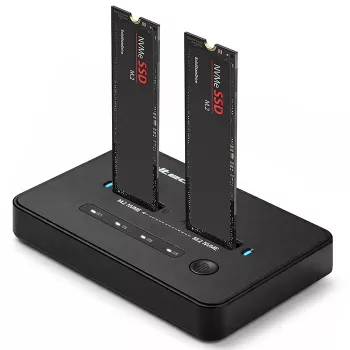 Dokkimisjaam QOLTEC 52366 — kahe M.2 NVMe PCIe SSD, USB-C 20Gb/s, toetab kuni 2×8TB, võrguühenduseta kloonimine