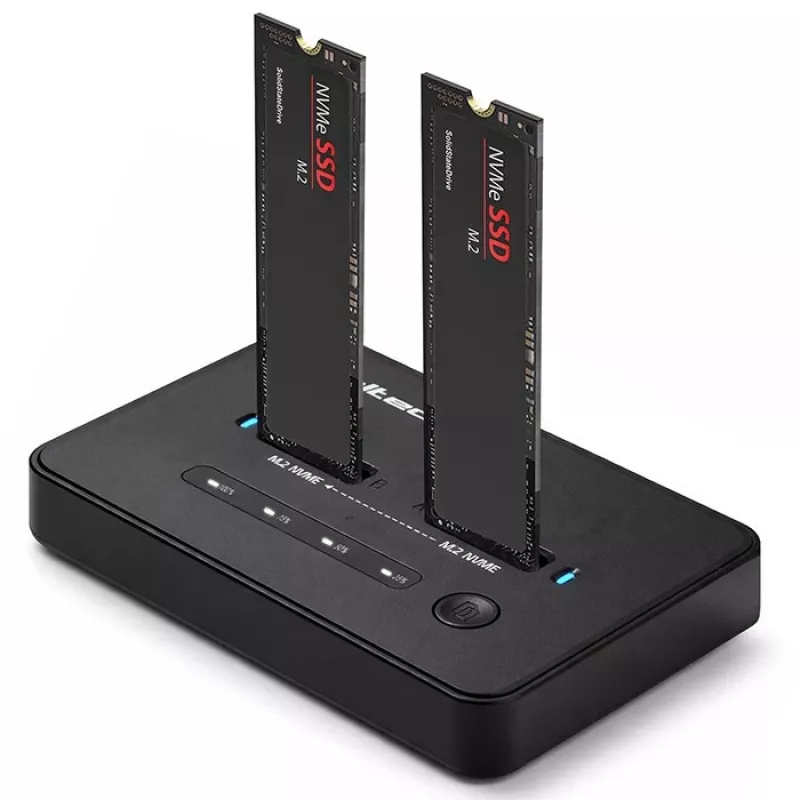 Dokkimisjaam QOLTEC 52366 — kahe M.2 NVMe PCIe SSD, USB-C 20Gb/s, toetab kuni 2×8TB, võrguühenduseta kloonimine
