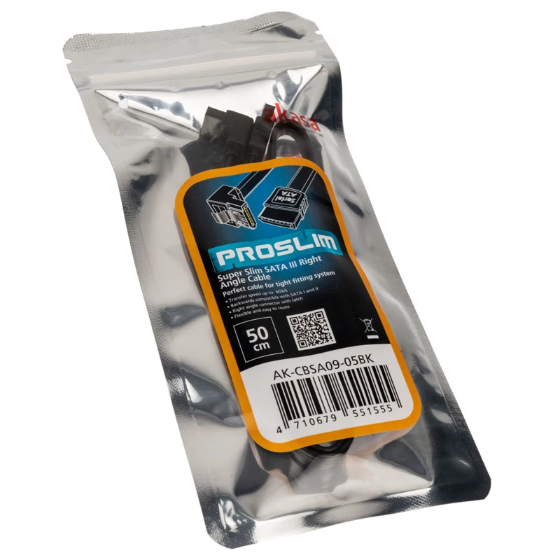 SATA-kaabel Akasa Proslim 90° 50 cm — täisnurkne SATA andmekaabel, 50 cm