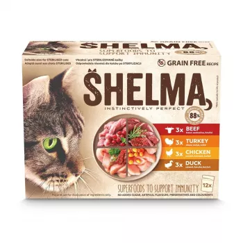 SHELMA kalkuni, pardi, kana ja veiselihaga kastmes – märg kassitoit – 12x85g