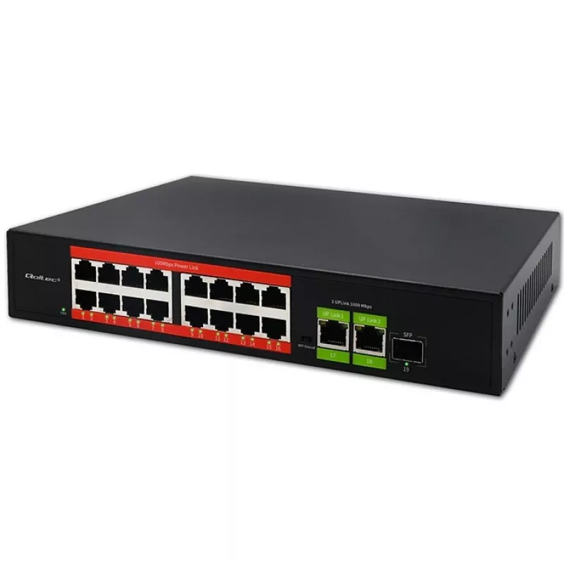 Ethernet PoE lüliti QOLTEC 16x RJ45, 2x RJ45 uplink, 1x SFP (MPN 52291)