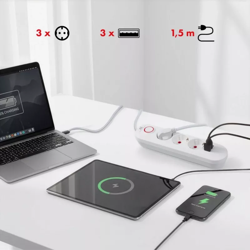 Pikendusjuhe MACLEAN MCE394W — 3 pistikupesa, 3×USB 2,1 A, 110–240 V AC, 2500 W, 1,5 m kaabel, valge